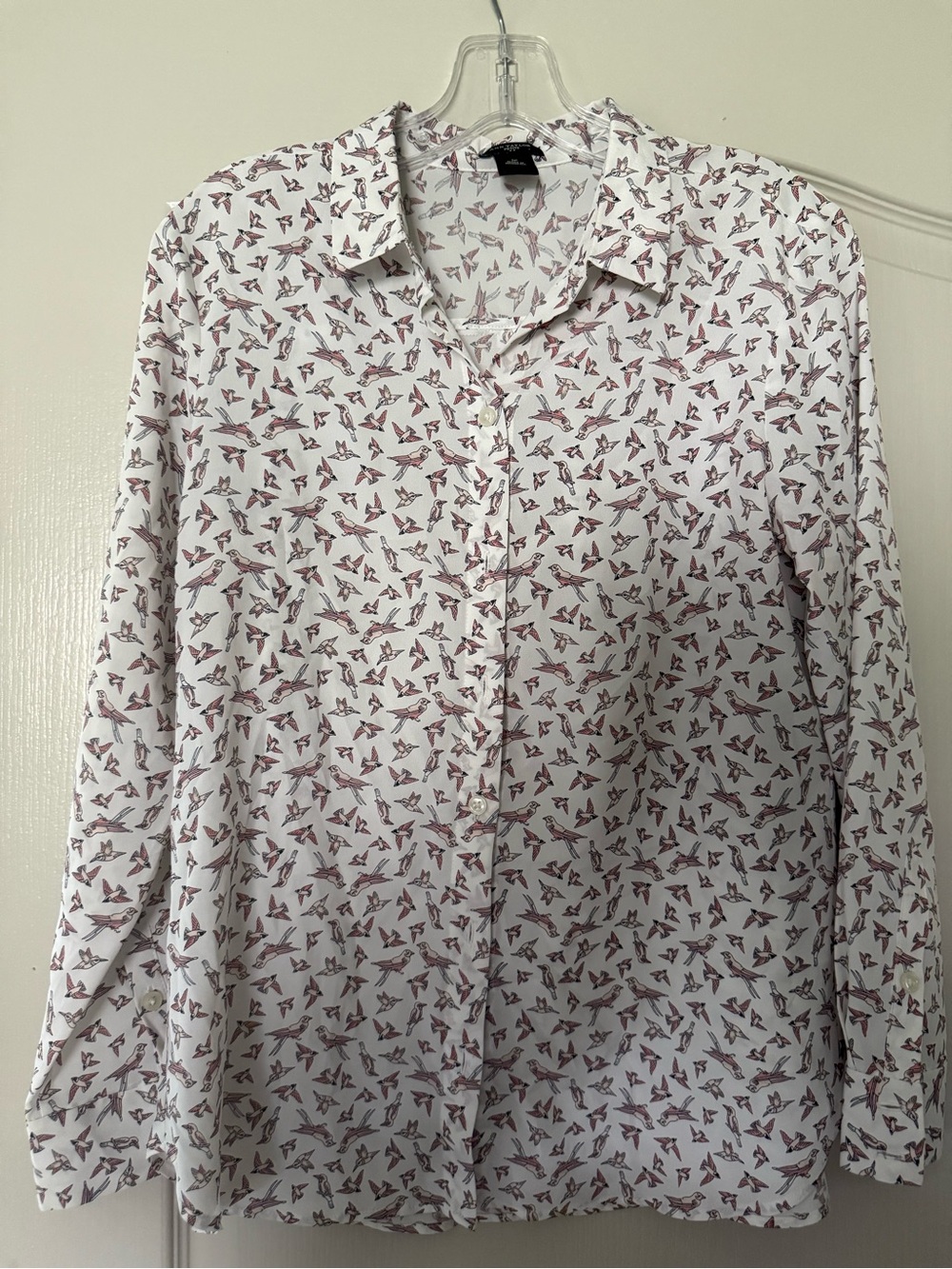 Ann Taylor White Button-Down Shirt with Red Bird Print